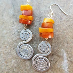 SOLD Tribal Boho Earrings Amber and Old Masai Turkana Aluminum Coil Pendants